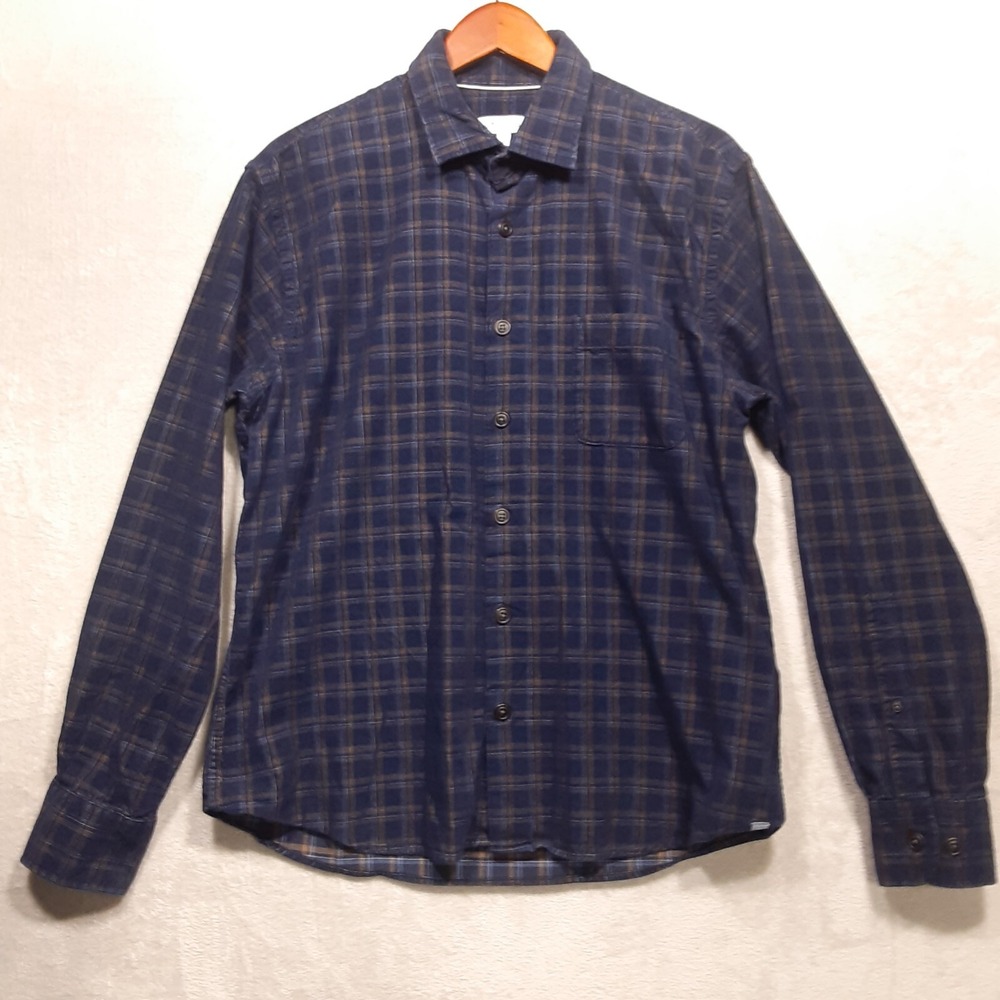 Peter Millar Mens LS Hampstead Yarn Dye Corduroy Plaid Shirt L Navy Blue Cotton